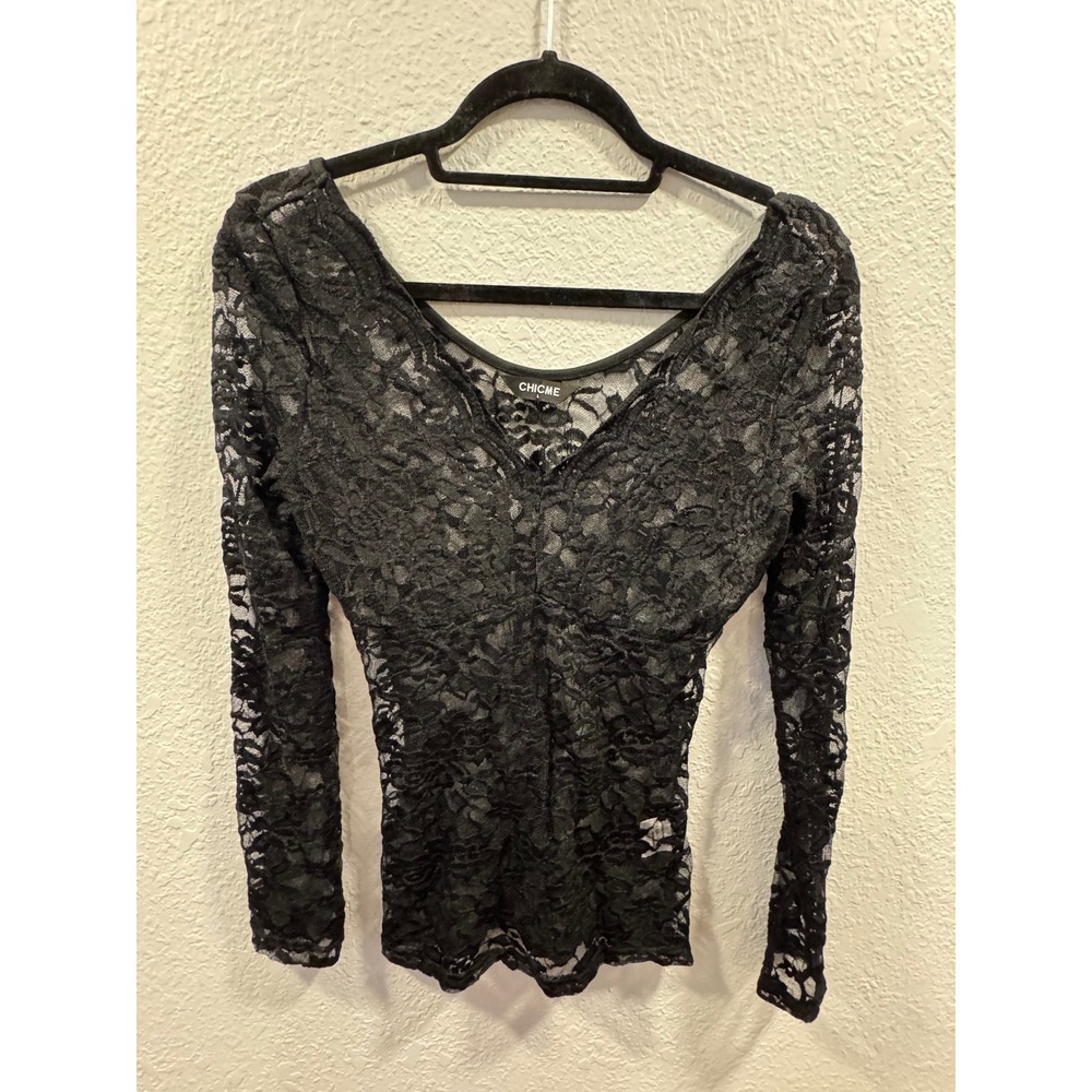 ChicMe Womens Black Floral Lace Long Sleeve V-Neck Sheer Stretch Top Large